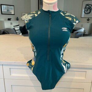 Axesea Flora Retro UPF 50  Nylon One Piece Swimsuit w Zip Closure Green Sz 10